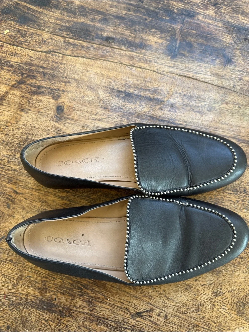 Coach Black Leather Studded Trim Loafers size 9